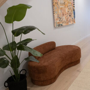 Curved brown sofa with large green plant in Melbourne interior design gallery