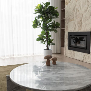 Spacious interior of beachside townhouse with marble coffee table
