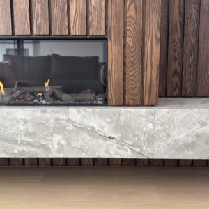 Modern fireplace with wood panel wall in interior design gallery